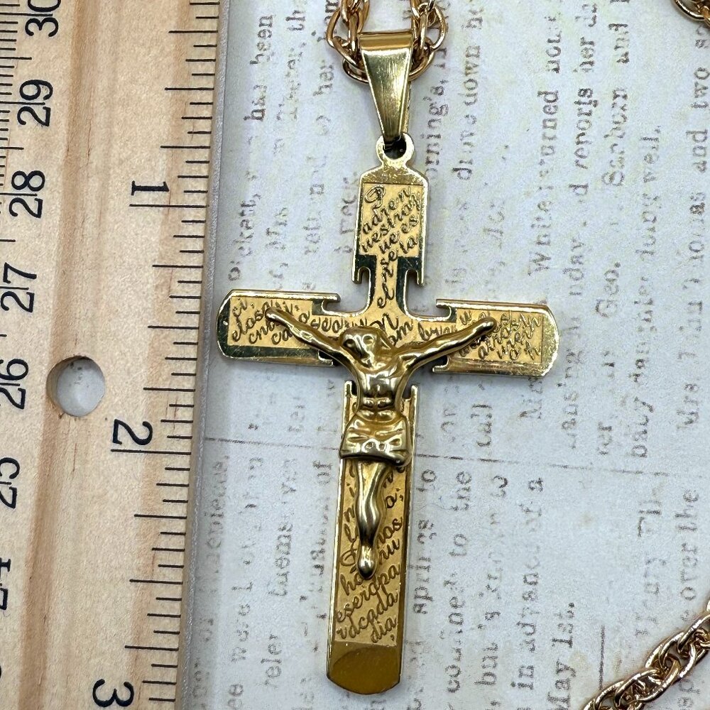 Large Stainless Steel Yellow Gold Spanish Crucifix Cross Pendant Necklace